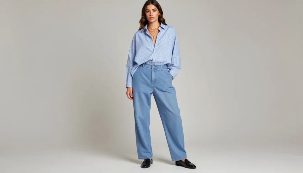 Baggy outfit ideas with oversized button-down shirt and relaxed trousers