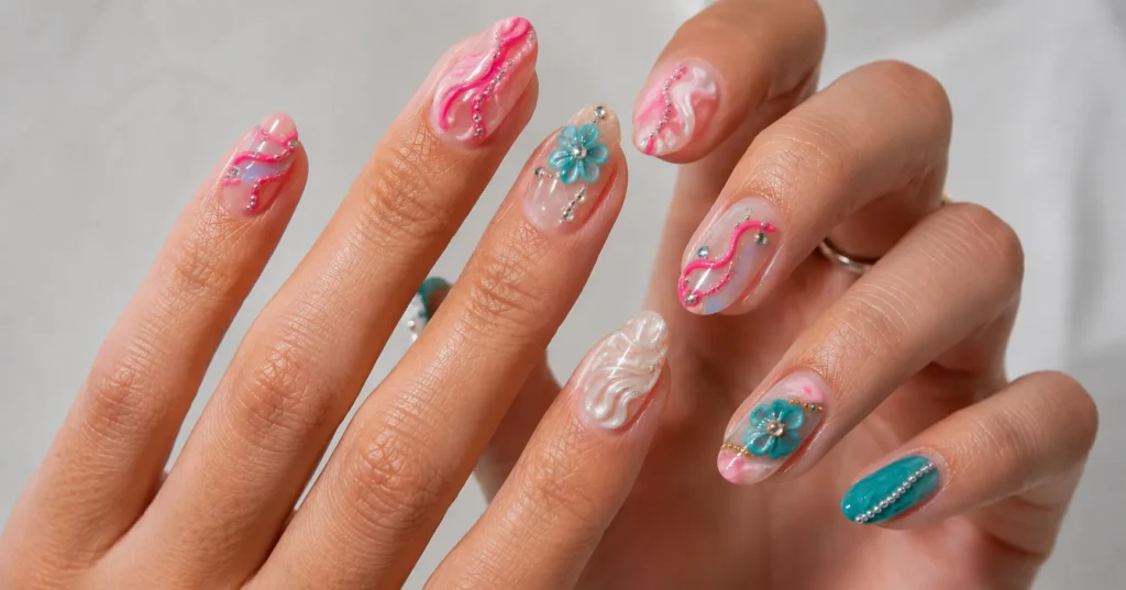 The Complete Guide to Colorful Nail Designs in 2026 6 Colorful nail designs with luxury 3D nail art and rhinestone manicure details