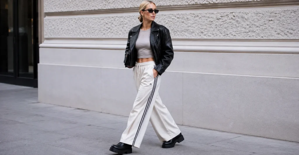 The Guide to the Elsa Hosk Track Pants Outfit: Street Style Elevated 6 Elsa Hosk track pants outfit with cropped leather jacket and oversized pants