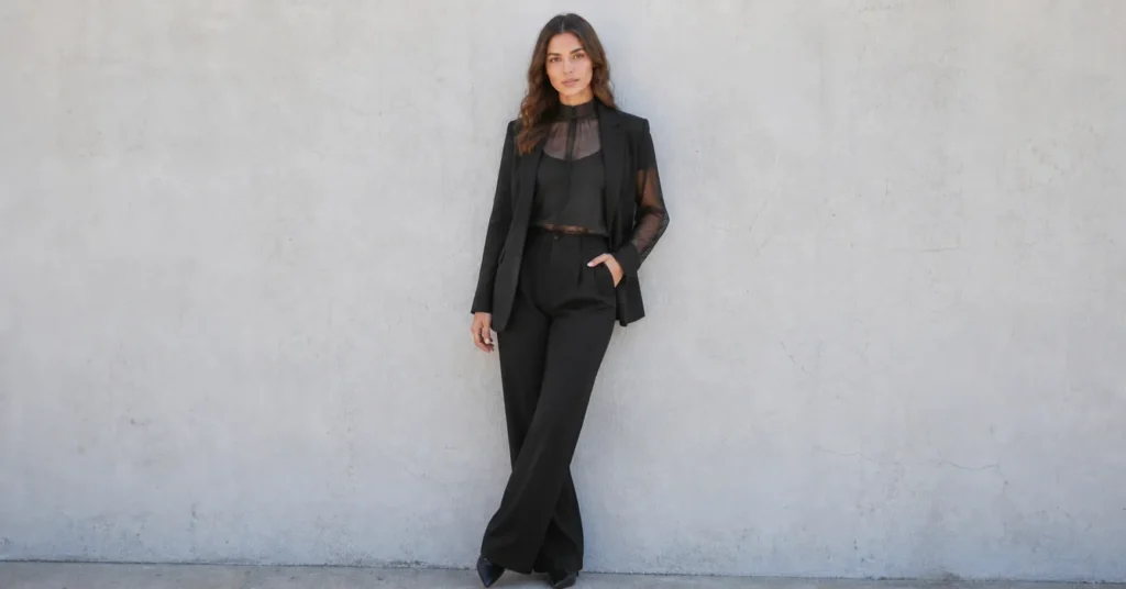 Sheer clothing trends with modest office outfit and layered blouse