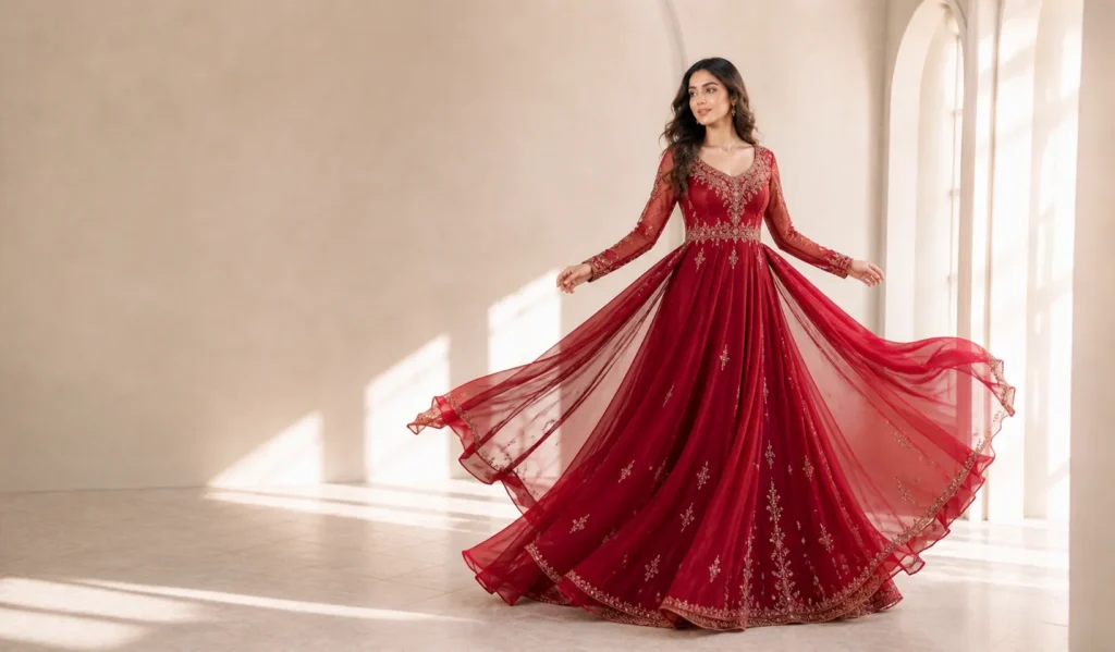 Chiffon red wedding frock with lightweight flowy design for summer weddings