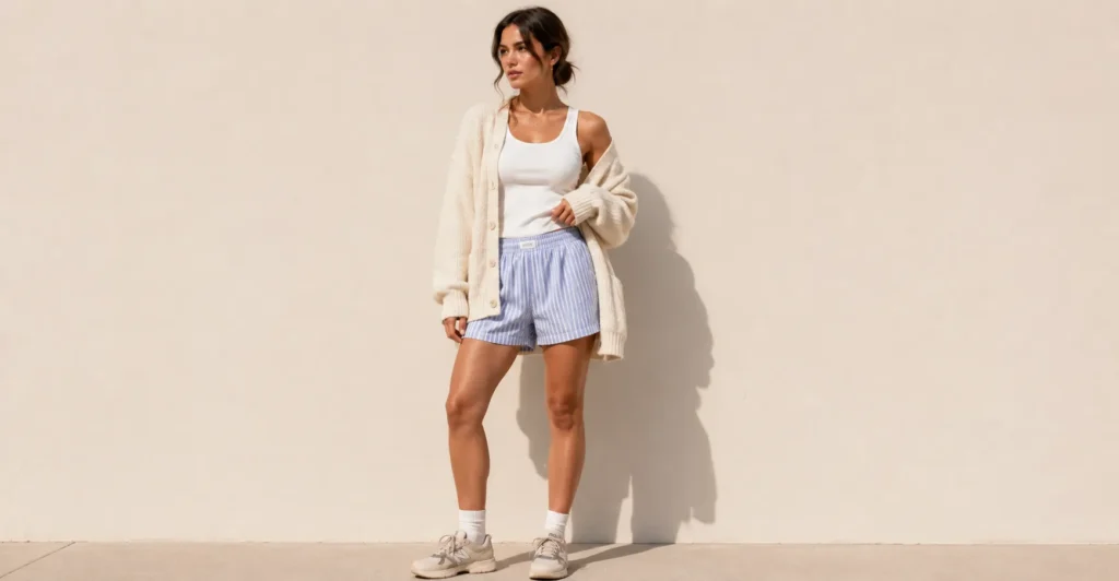 7 Must-Have Shorts Trends Summer 2026: Your Ultimate Style Guide 3 Casual boxer shorts trends summer 2026 fashion styling with oversized cardigan.