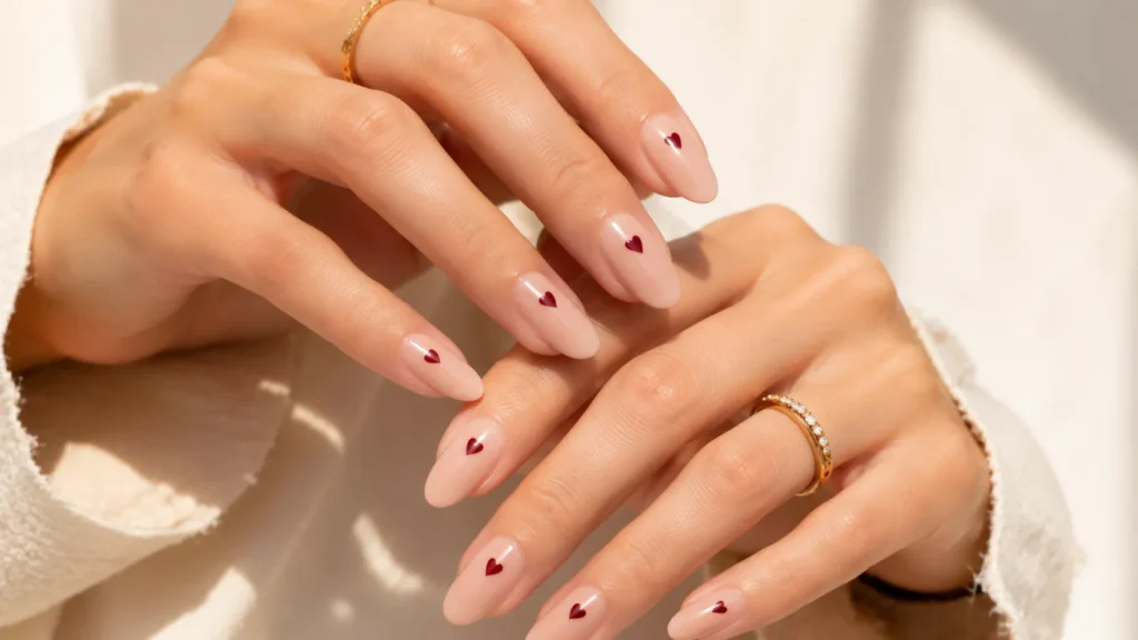 Minimalist red nail designs with delicate heart nail art details.