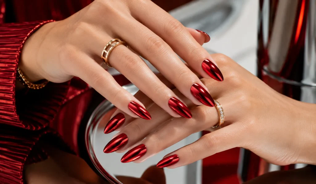 Reflective red chrome nail designs with glazed finish inspiration.