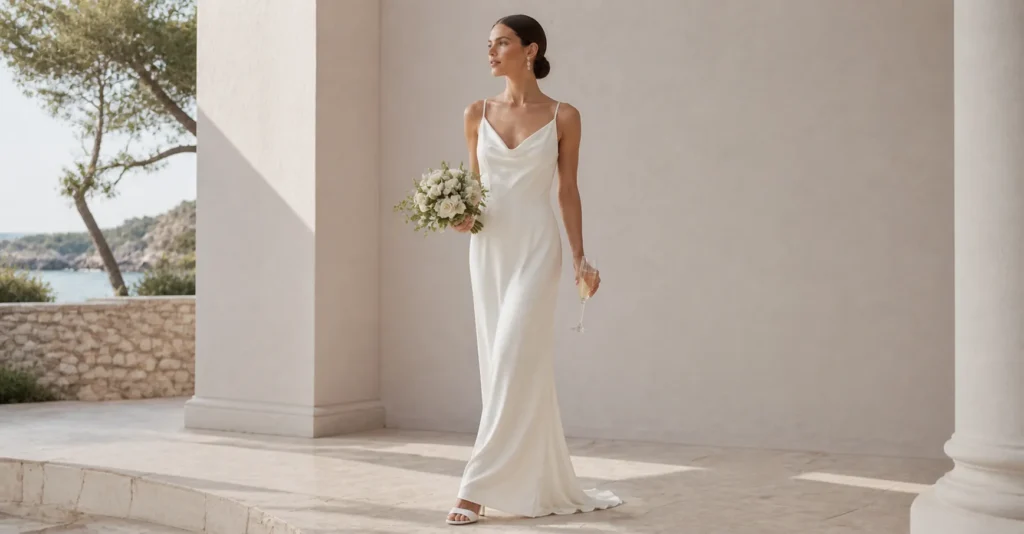 Bride in silk slip dress for garden wedding reception, light and elegant bridal outfit