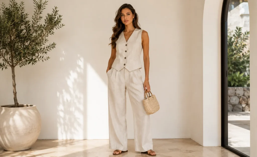 Elegant summer all vest outfits for women featuring a linen waistcoat and matching trousers