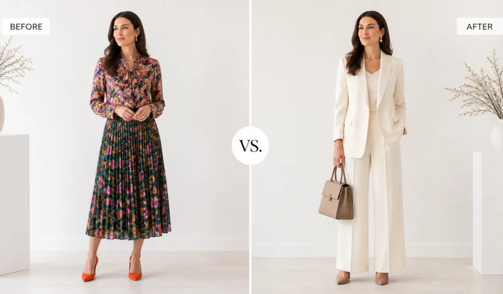 Side-by-side comparison of two female outfits one featuring bold, busy patterns and the other a minimal, elegant ensemble captured in bright editorial lighting against a clean neutral background.