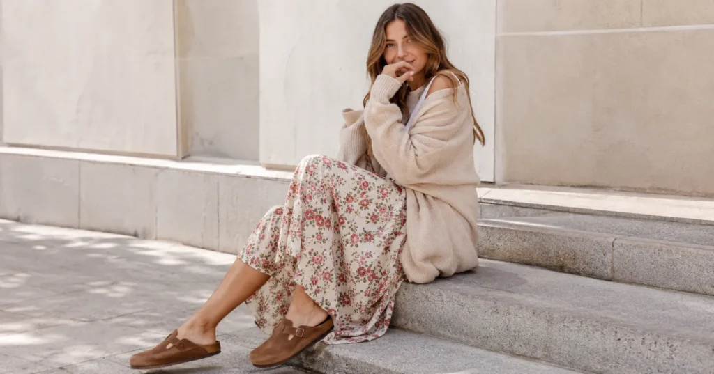 The Complete Guide to Styling a Birkenstock Clog Outfit for Every Season 6 Feminine Birkenstock clog outfit with floral midi skirt