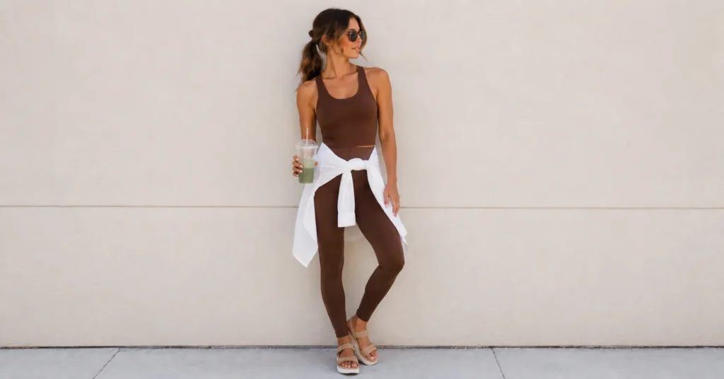 The Complete Guide to Building a Stylish Brown Leggings Outfit 7 Summer brown leggings outfit with ribbed tank top and linen shirt
