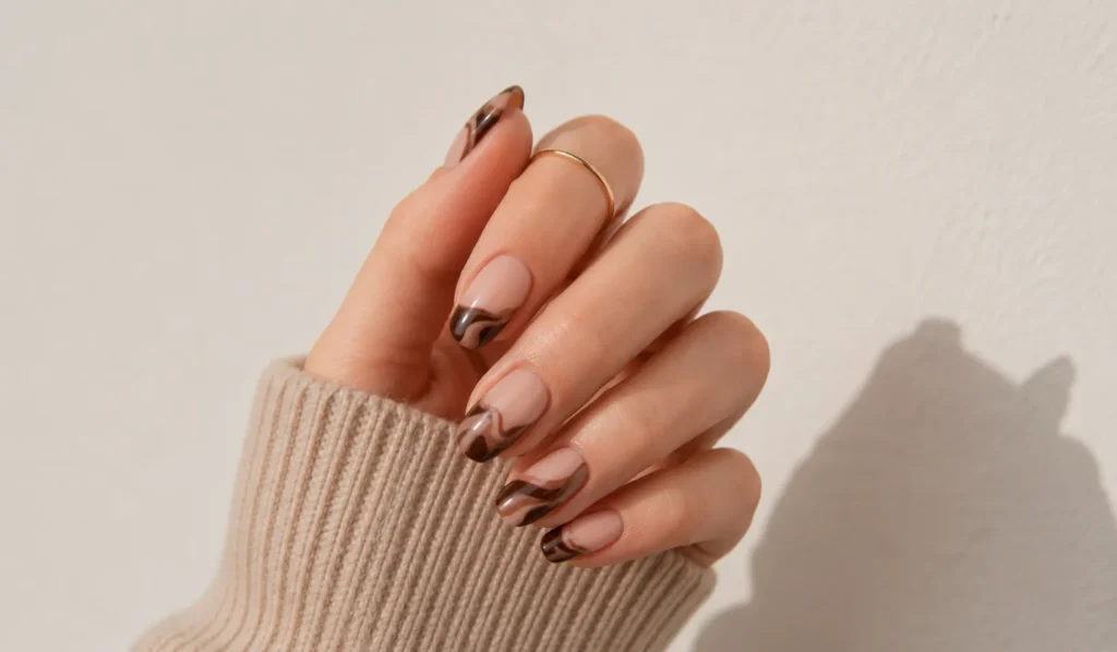 15 Stunning Chocolate Brown Nails Ideas for Your Next Manicure 10 Mocha swirl chocolate brown nails with abstract design