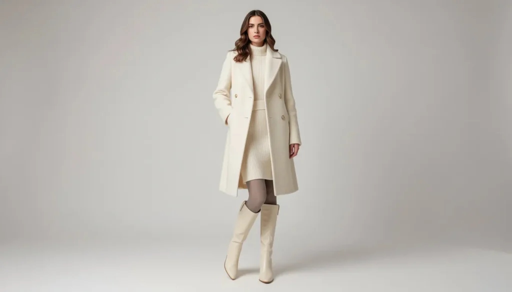 The Guide to Crafting a Demure Winter Outfit: Elegance in the Cold 4 Ivory monochrome demure winter outfit with knee-high boots