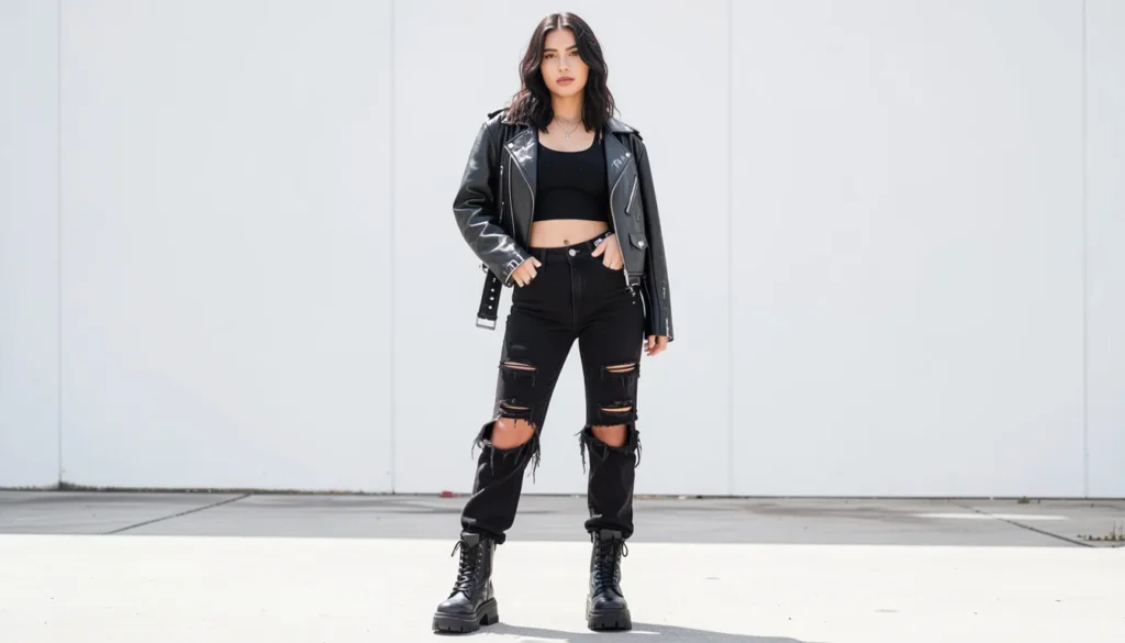Whale Tail Thong Trend: Y2K Styling Guide for Modern Looks 8 Whale tail thong trend edgy Y2K street style outfit with leather jacket and low-rise jeans