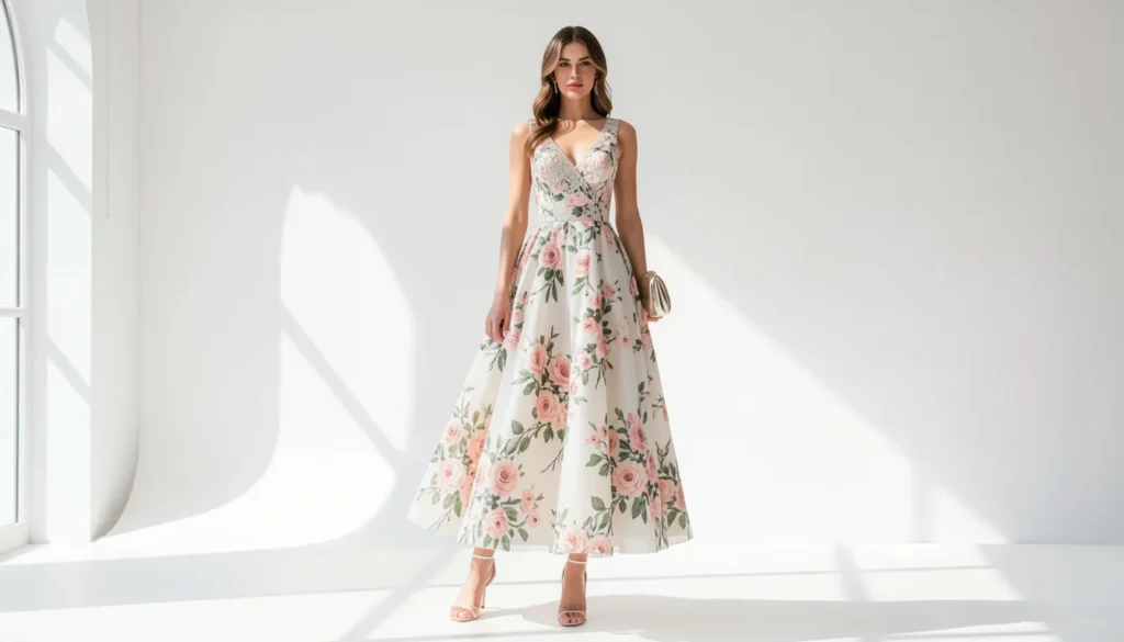 Wedding guest styling cocktail clothes for women with a floral semi-formal dress and elegant accessories.