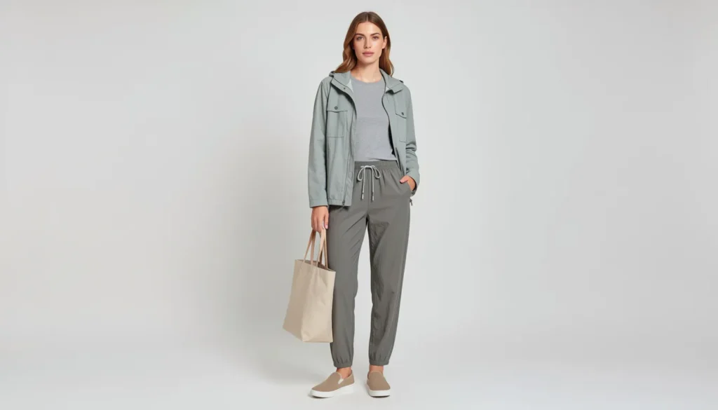 Drawstring pants for women styled as a comfortable and practical travel outfit.