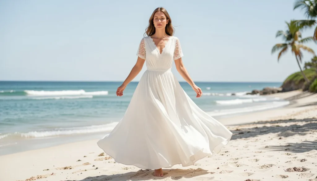 Summer wedding guest dress with sleeves perfect for beach and destination weddings.
