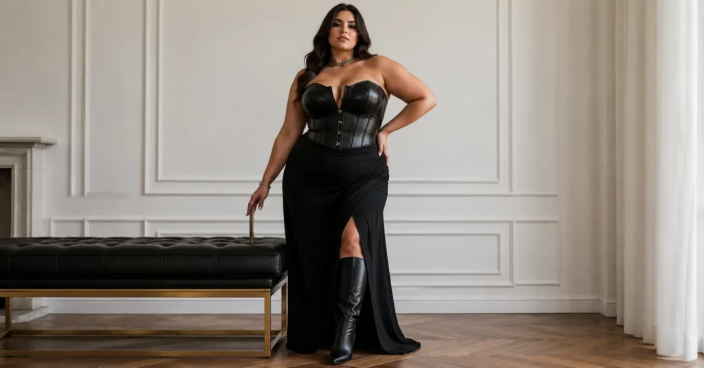 Plus-size dominatrix outfit featuring a faux-leather corset and elegant black styling.