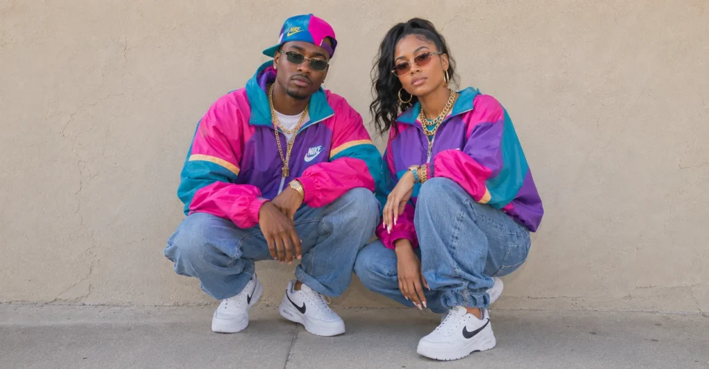 Retro couple styled in colorful 90s Freaknik outfits with oversized streetwear fashion.