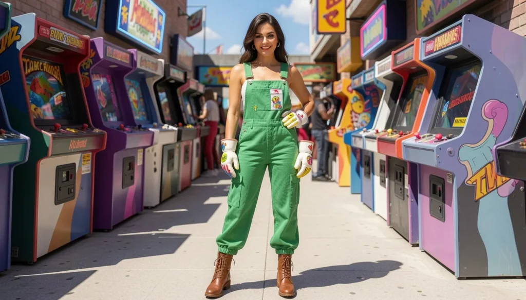 Couple wearing colorful retro arcade-inspired overall outfits with playful styling.