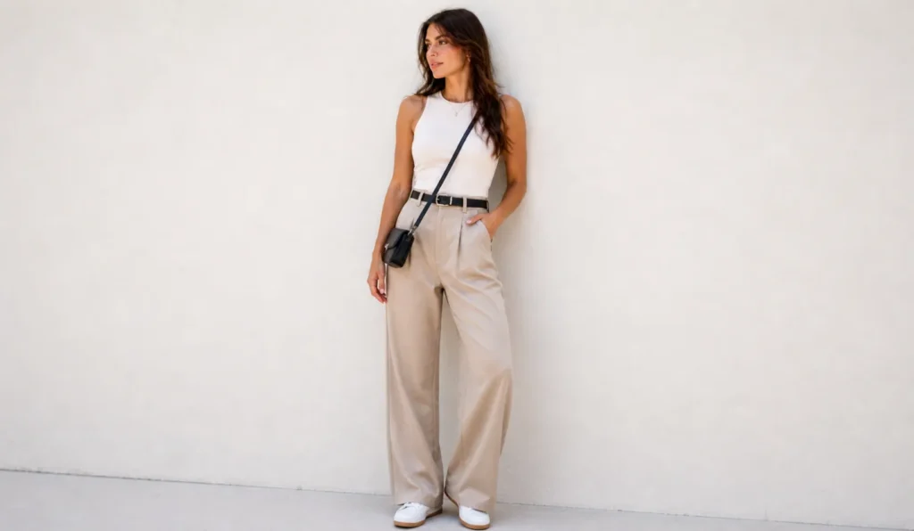 Woman carrying crossbody bag styled for a practical concert outfit
