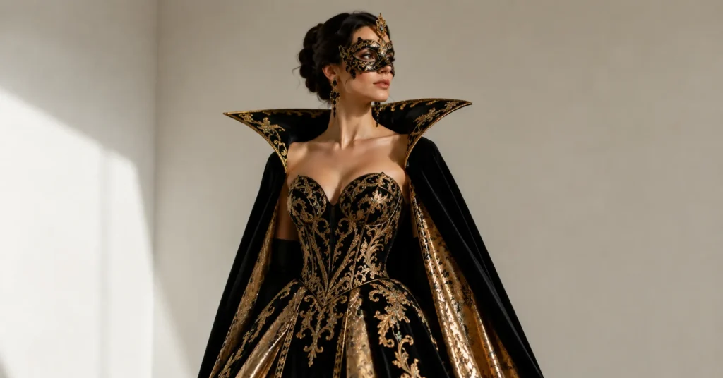 Theatrical Met Gala 2026 outfit with couture gown and artistic mask fashion styling.