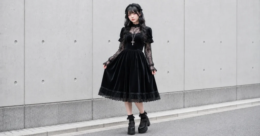 Soft gothic Misa Amane outfits with velvet dress and elegant alternative accessories.
