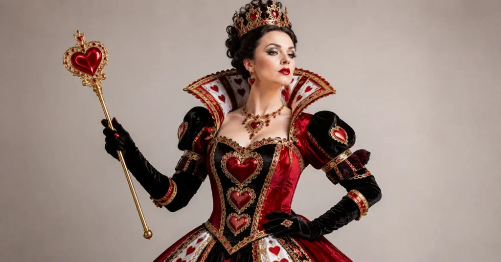 Queen of Hearts outfit with royal scepter and elegant Wonderland-inspired accessories.
