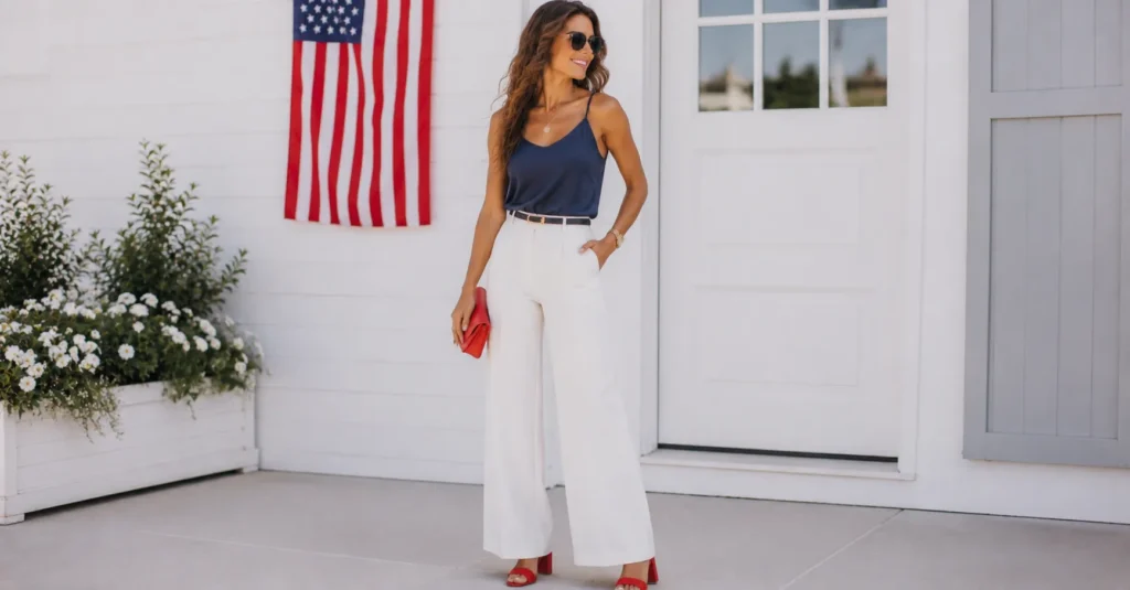 Elegant women’s 4th of July outfits with modern patriotic summer fashion styling.