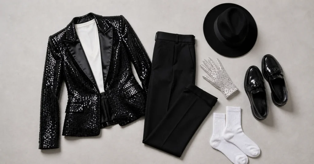 Flat lay of female Billie Jean-inspired outfit with sequined blazer, fedora, glove, and loafers.