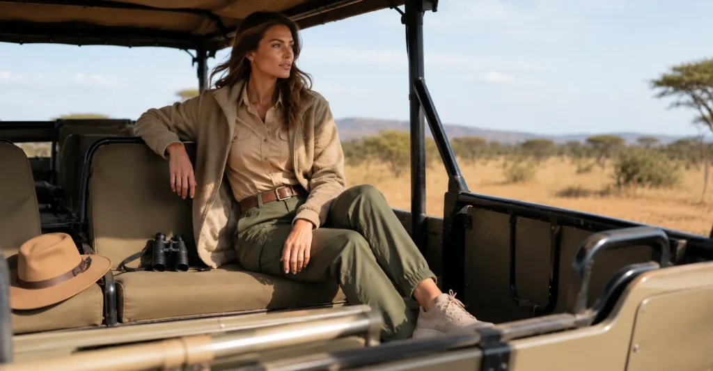 Female safari outfit for game drives with layered neutral clothing and stylish outdoor travel gear.
