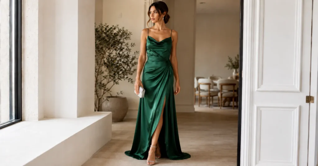 Luxury silk outfits for weddings featuring an emerald green silk gown with elegant formal styling.