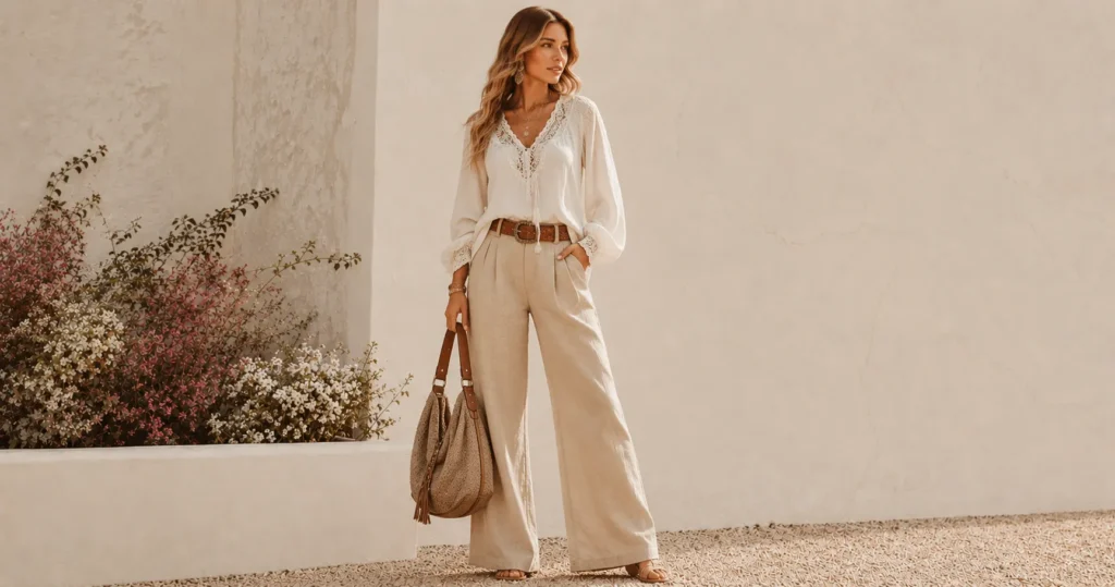 Neutral boho chic style with wide-leg linen trousers, peasant blouse, and woven bohemian accessories.