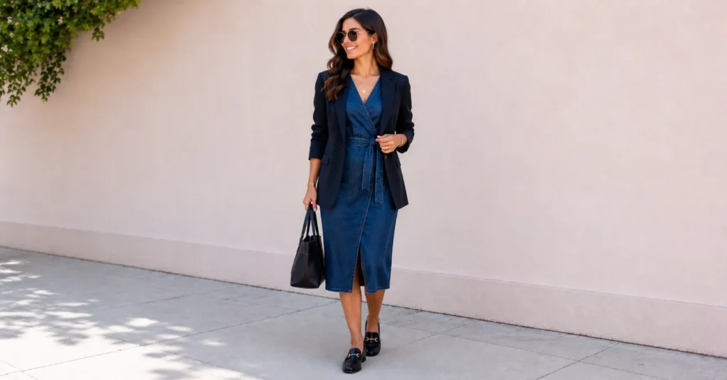 Denim dresses and outfit idea for work featuring a dark wash wrap denim dress and blazer.
