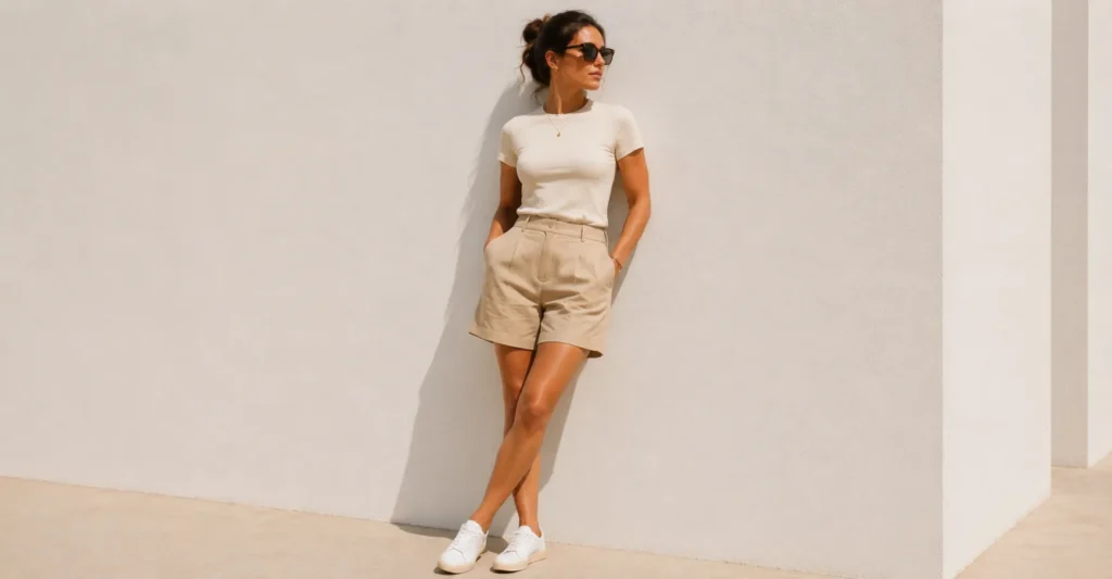 Masc summer fits inspired neutral women’s summer outfit with tailored shorts.