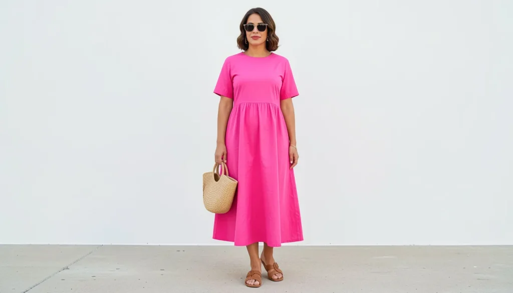 Mid size summer outfits with a bright pink midi dress and woven handbag.
