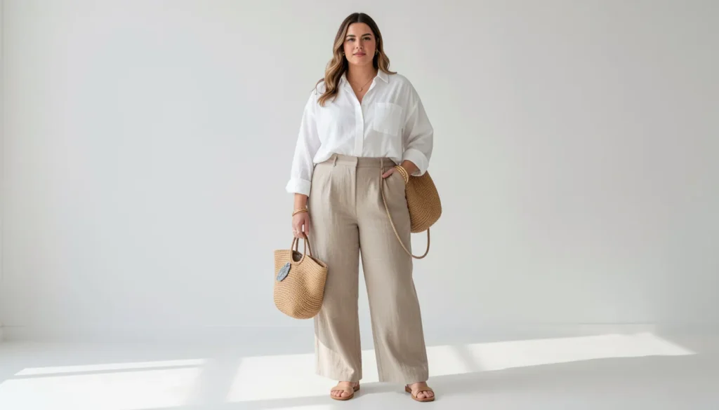 Plus size summer outfits inspired by coastal chic fashion with neutral linen clothing.