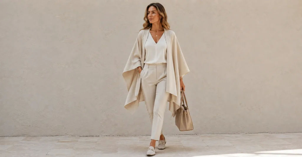 Summer poncho outfit featuring a structured poncho styled for chic office wear.