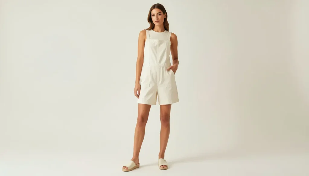 Shortalls outfit featuring neutral cotton shortalls styled with minimalist summer fashion.