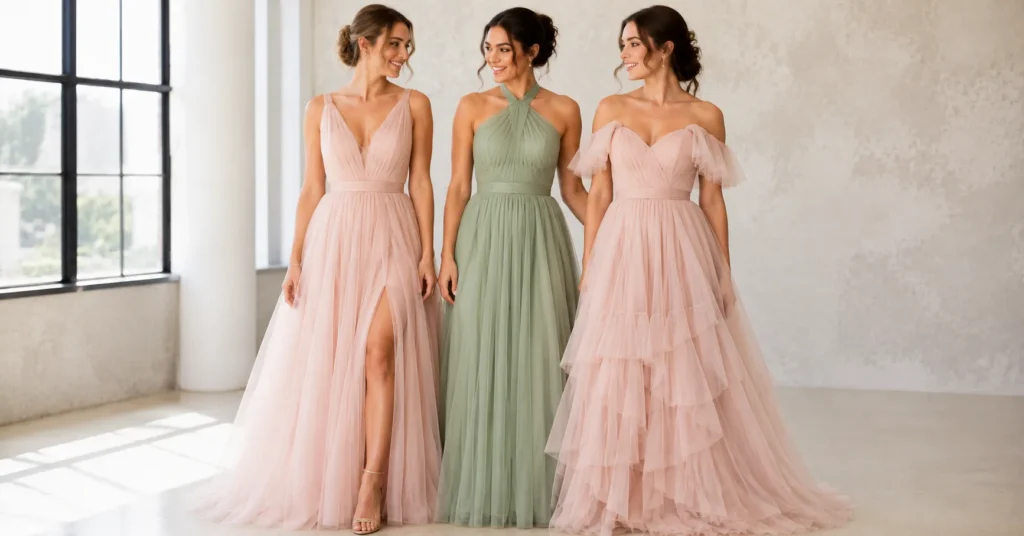 Bridesmaid tulle dress styles in blush and sage green with elegant wedding fashion inspiration.