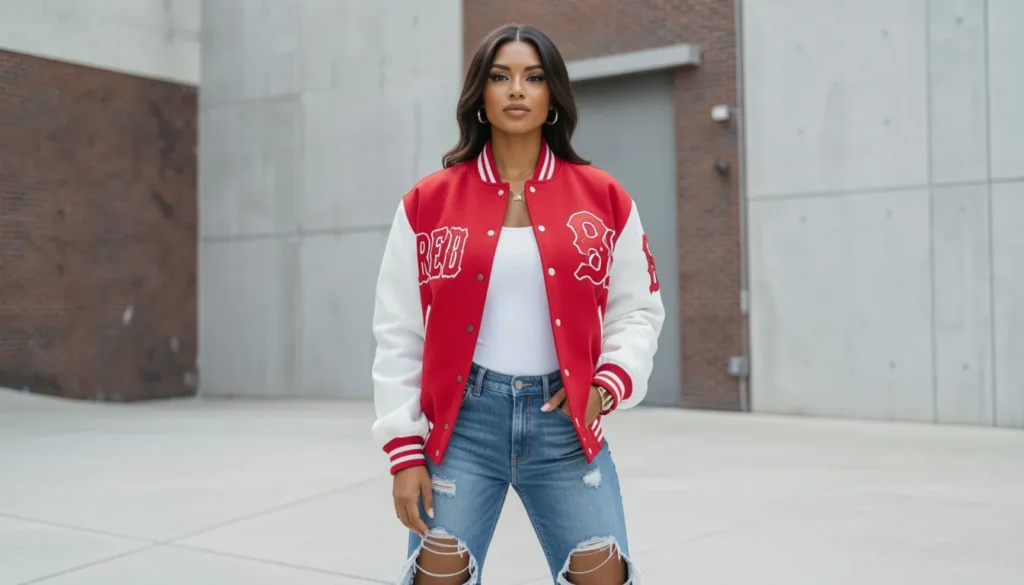 Female Red Sox street style outfit with varsity jacket and ripped jeans.