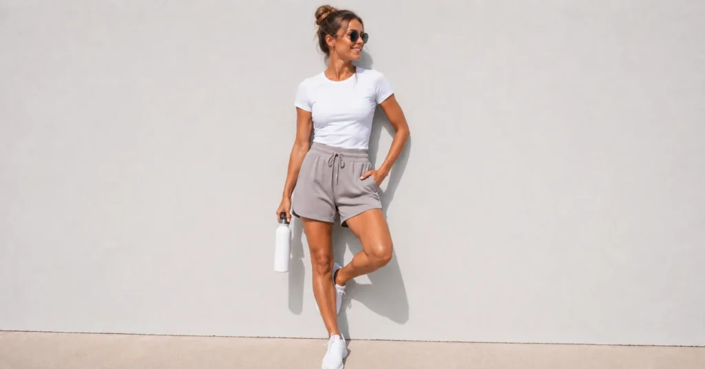 Sporty mom outfits summer casual athleisure look with lounge shorts and white sneakers.