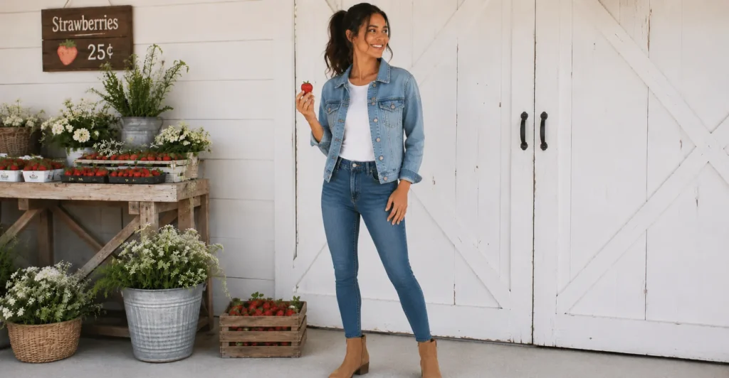 Strawberry picking outfit with denim jacket and jeans styled for cool spring farm mornings.
