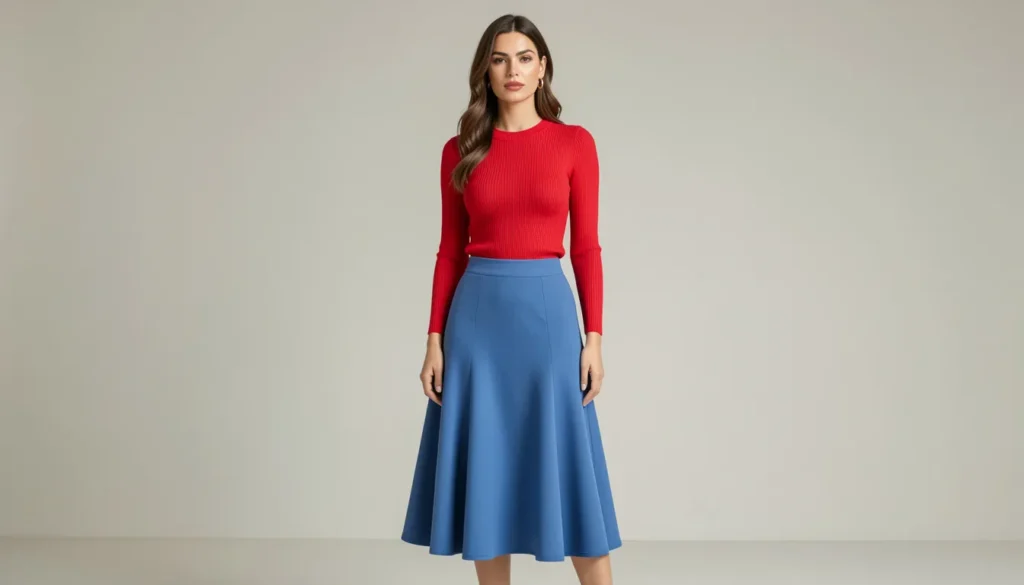 Why the Gwyneth Paltrow Red Blue Outfit Remains a Fashion Icon 7 Gwyneth Paltrow red blue outfit featuring minimalist red knit top and blue midi skirt styling.