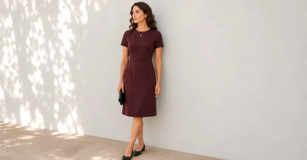 How to Choose the Appropriate Summer Funeral Outfit 5 Summer funeral outfit featuring a burgundy shift dress with elegant minimalist styling.