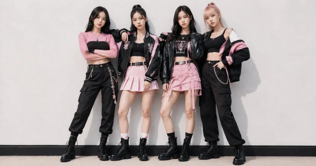 Blackpink concert outfit ideas with coordinated black and pink K-pop streetwear fashion looks