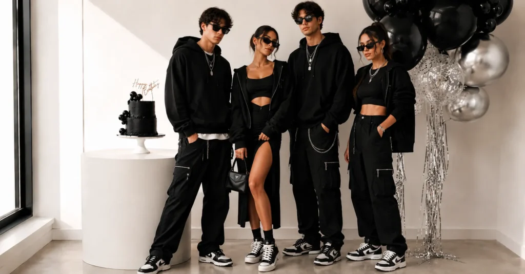 All black birthday party outfit ideas with trendy streetwear fashion inspiration.