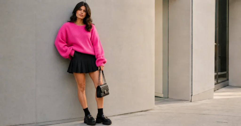 Black and pink outfit ideas with oversized pink sweater and black skirt styling.