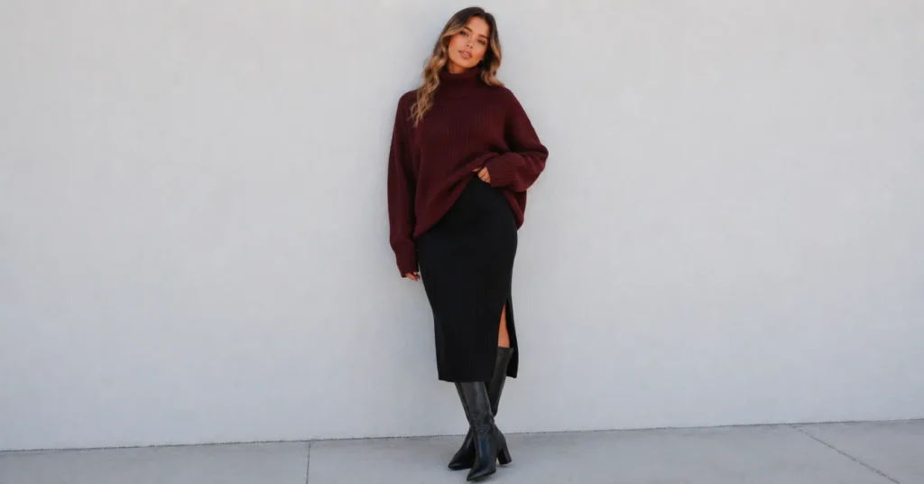 The Complete Guide to Black Skirt Outfit Ideas for Any Occasion 7 Black skirt outfit ideas for cozy fall and winter layered fashion looks.