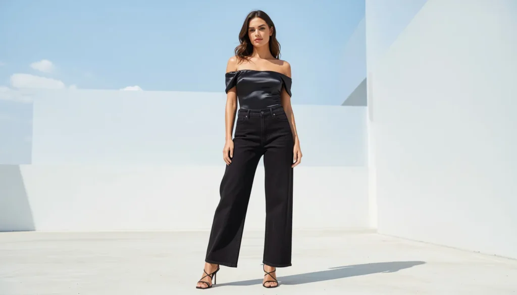 Black wide leg jeans outfit ideas for glamorous night out and evening fashion styling.