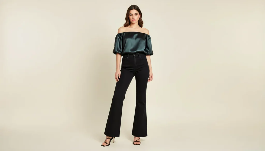 Bootcut jeans outfit ideas for glamorous night out and evening fashion styling.