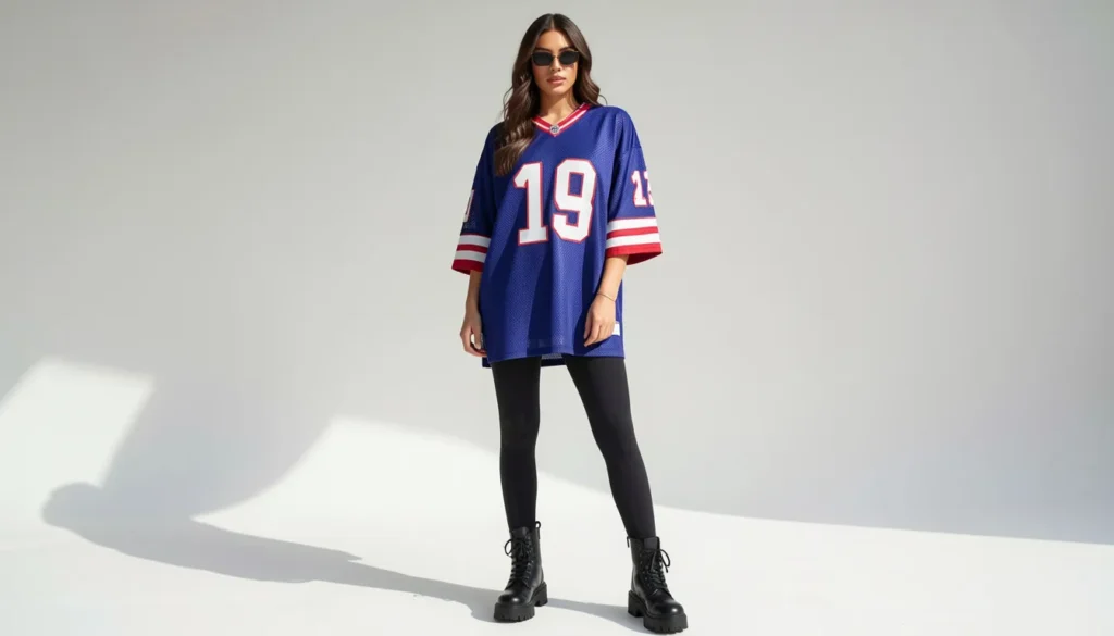 Jersey outfit ideas women can wear featuring oversized football jersey and leggings fashion.